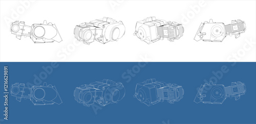 Set Motorcycles engines 100cc line drawing technical blueprints illustration vector. isolated on transparent background