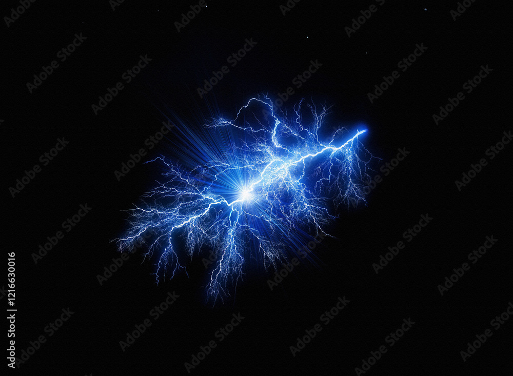 Glowing blue lightning bolt on a grainy paper texture, isolated on black background. The image evokes energy and power. Glowing blue lightning bolt on a grainy paper texture, isolated on black background. The image evokes energy and power.