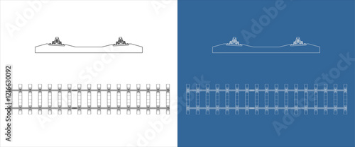 technical wireframe  railway track, showcasing a cross-sectional view and a top-down layout