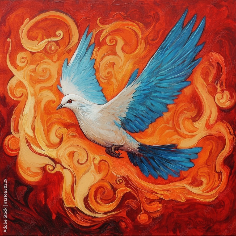 Obraz premium white and blue bird flying through swirling orange and red flames