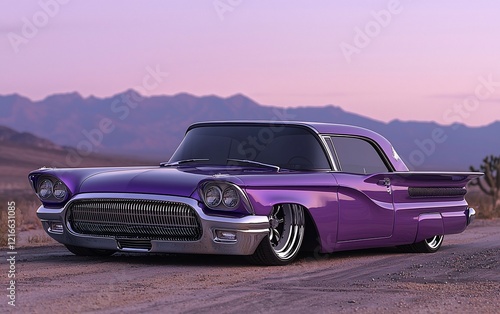 Purple classic car in desert at sunset. photo