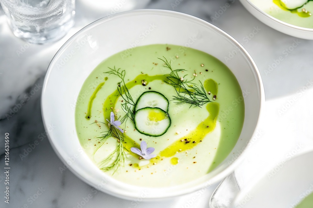 Vegan Chilled Cucumber and Avocado Soup with Fresh Dill and Edible Flower Garnish Vegan Chilled Cucumber and Avocado Soup with Fresh Dill and Edible Flower Garnish