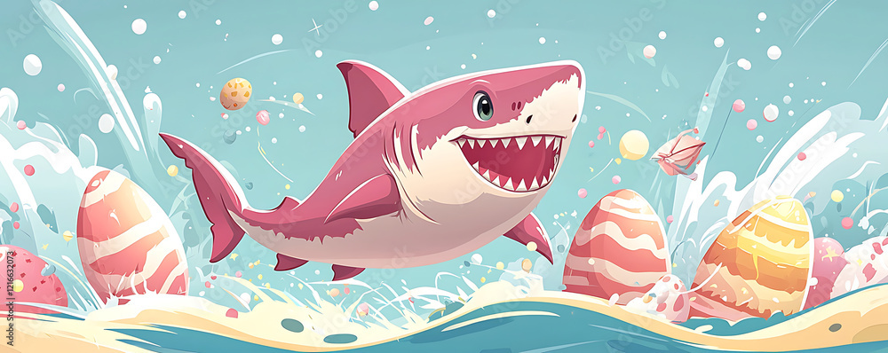 Fototapeta premium Pink shark leaps through ocean waves, surrounded by pastel Easter eggs.