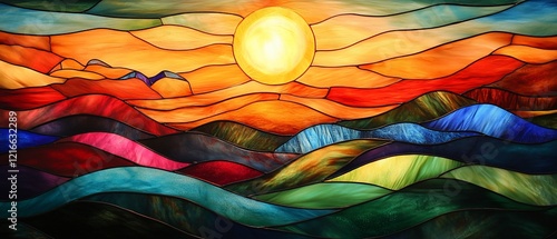 Sunset stained glass mountainscape window art