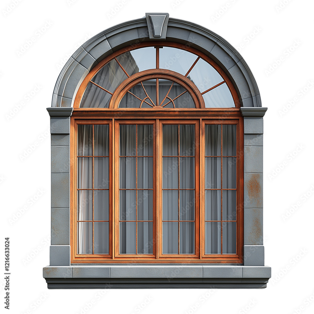 Obraz premium Arched Window with Stone Frame: An elegant arched window with a stone frame and wooden trim. The intricate details and traditional design create a timeless and sophisticated aesthetic.