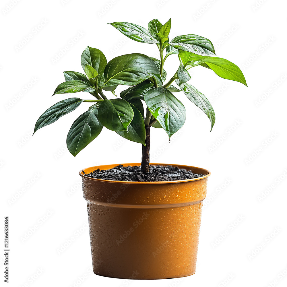Obraz premium Vibrant Young Plant in Pot: A healthy, vibrant young plant with lush green leaves thrives in a terracotta pot, symbolizing growth, new beginnings, and the beauty of nature.