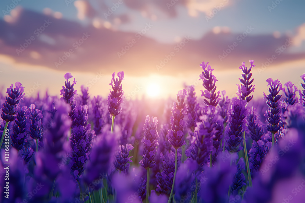 A vibrant lavender field stretching to the horizon, illuminated by soft sunlight. A symbol of tranquility, beauty, and harmony with nature A vibrant lavender field stretching to the horizon, illuminated by soft sunlight. A symbol of tranquility, beauty, and harmony with nature