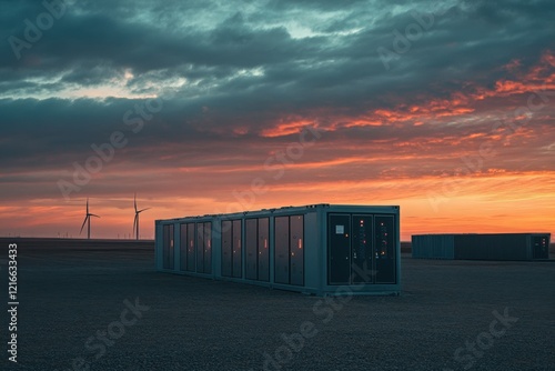 battery energy storage system at a wind farm at sunset