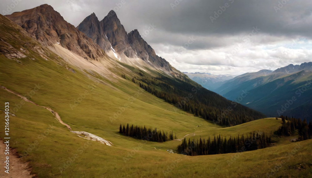 Obraz premium Majestic Mountain Valley: Panoramic High-Angle View with Rugged Peaks, Winding River, and Evergreen Forests