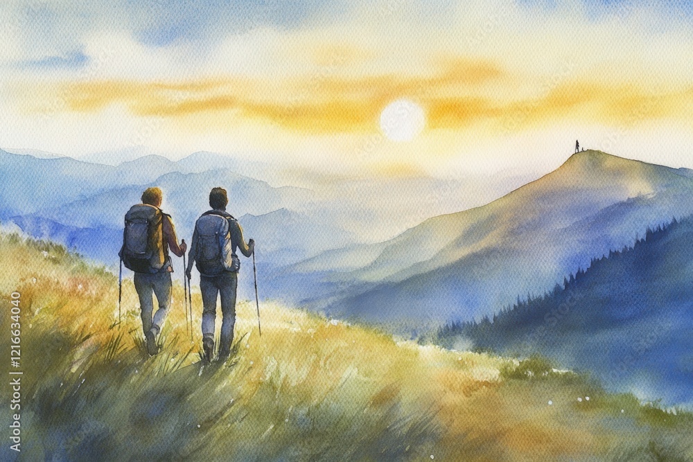 Obraz premium two hikers walk through mountain landscape at sunset