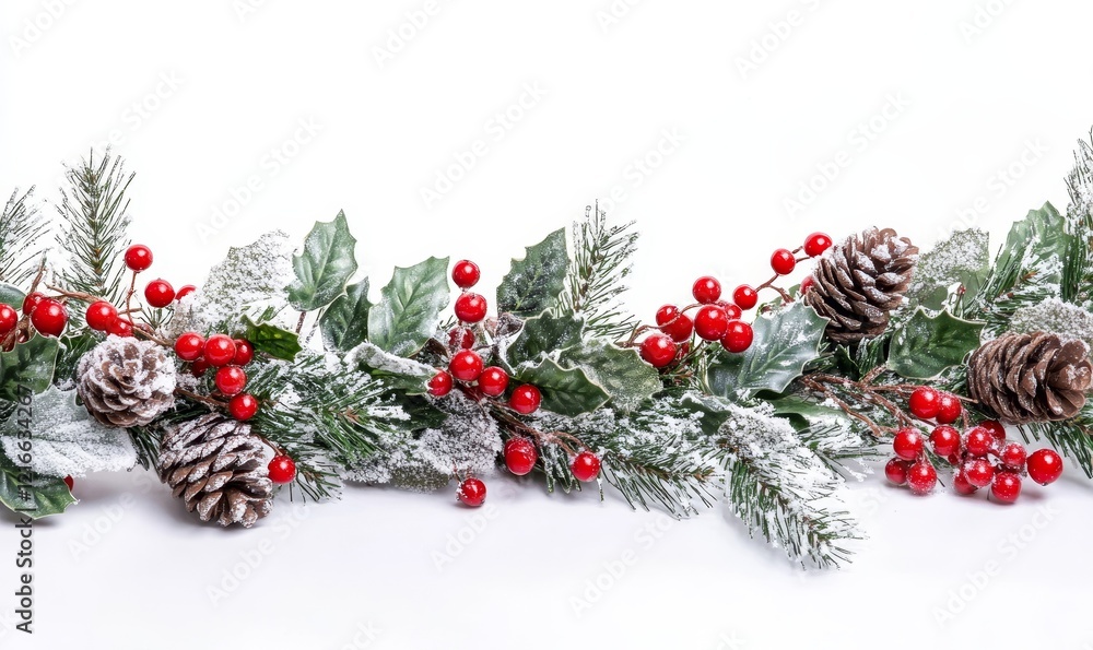 Festive Winter Holiday Garland with Red Berries Pinecones and Snow-Dusted Greenery on White Background Perfect for Seasonal Decor, Generative AI Festive Winter Holiday Garland with Red Berries Pinecones and Snow-Dusted Greenery on White Background Perfect for Seasonal Decor, Generative AI