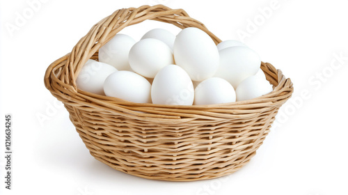 Wallpaper Mural Basket filled with eggs on a white background, showcasing a simple and clean aesthetic Torontodigital.ca