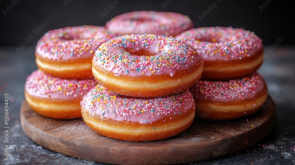 Pink Sprinkled Donuts Stacked on Wooden Board Pink Sprinkled Donuts Stacked on Wooden Board