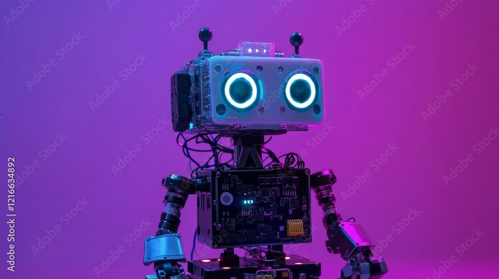 Fototapeta premium Diy arduino robot creation with artificial intelligence on a purple background featuring space for text, perfect for stem education projects for kids and teens in robotics, programming, and electronic