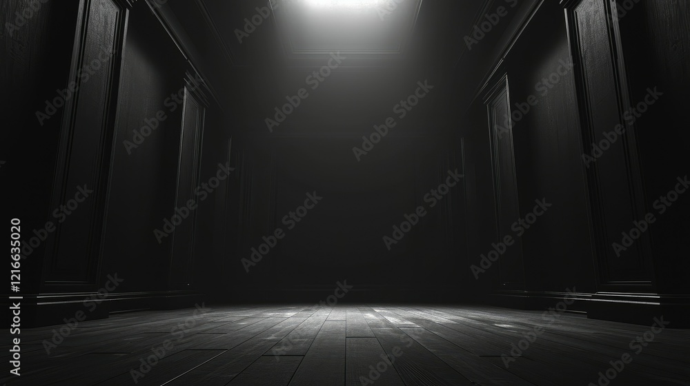 A dimly lit corridor with wooden flooring and dark walls, evoking a mysterious atmosphere. A dimly lit corridor with wooden flooring and dark walls, evoking a mysterious atmosphere.