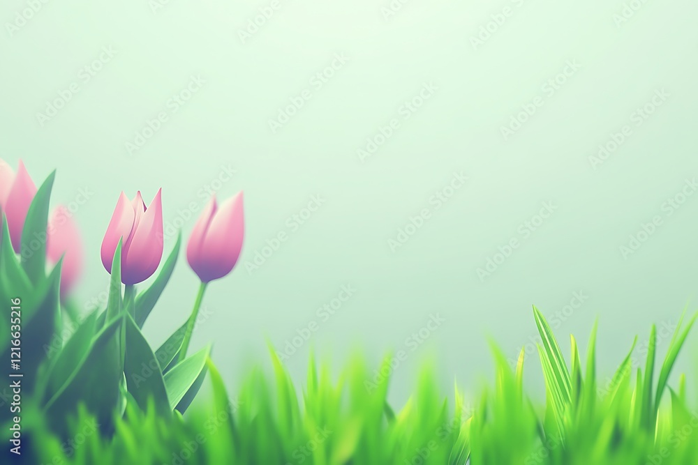 Fototapeta premium Soft Pink Tulips Emerging from Lush Green Grass, Springtime Pastel Background