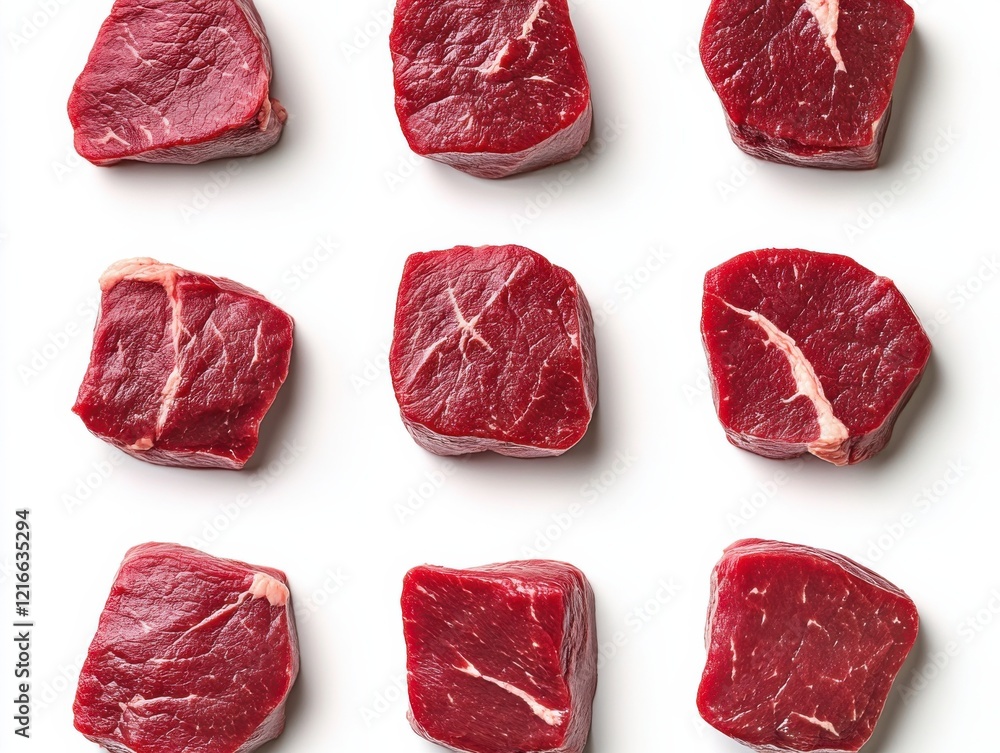 Quality beef cuts arranged in a neat grid on a plain background showcasing freshness and texture for culinary purposes Quality beef cuts arranged in a neat grid on a plain background showcasing freshness and texture for culinary purposes