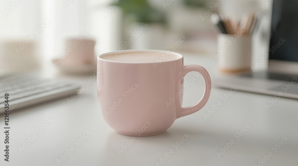 A tranquil scene featuring a pastel pink coffee cup on a stylish desk evoking a sense calm A tranquil scene featuring a pastel pink coffee cup on a stylish desk evoking a sense calm