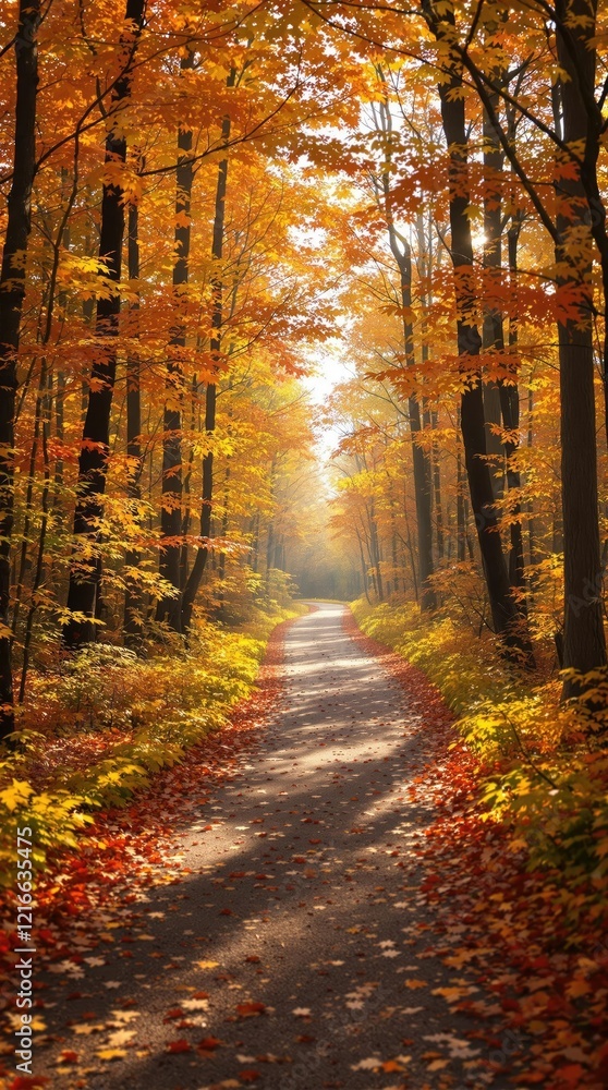Fototapeta premium Blurred background of a forest path in autumn, forest path, seasonal change, blurred edges, tree bark, autumn leaves