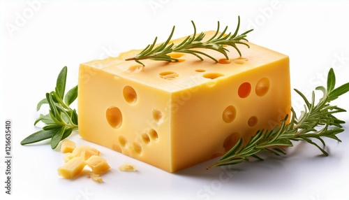 Yellow cheese block with holes isolated on white background