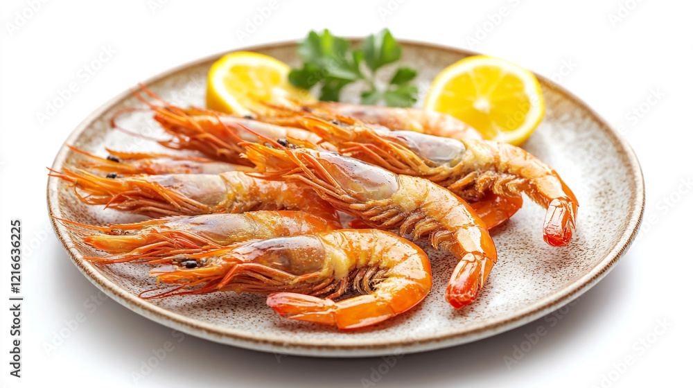 Golden crispy fried shrimps served on a plate, perfect for seafood lovers, with a clean white background Golden crispy fried shrimps served on a plate, perfect for seafood lovers, with a clean white background