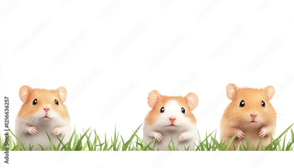 Three adorable hamsters with fluffy fur sitting on green grass against a white background, playful scene Three adorable hamsters with fluffy fur sitting on green grass against a white background, playful scene