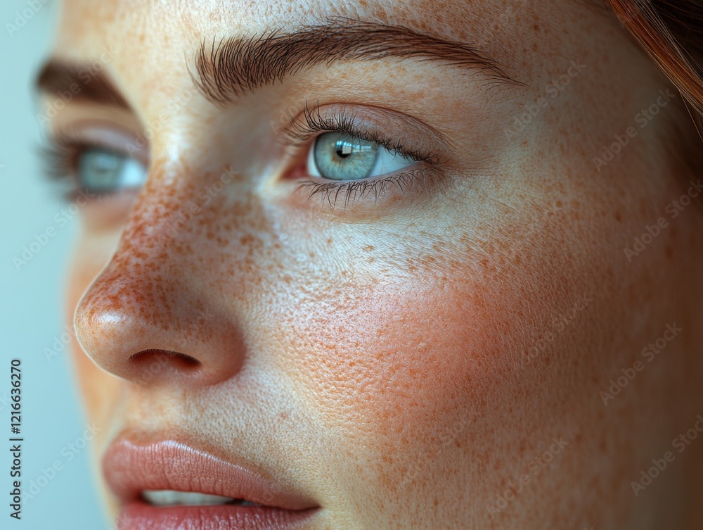 Fototapeta premium Close-up view of a young woman with striking freckles, bright blue eyes, and soft skin showcasing natural beauty under warm light in an indoor setting