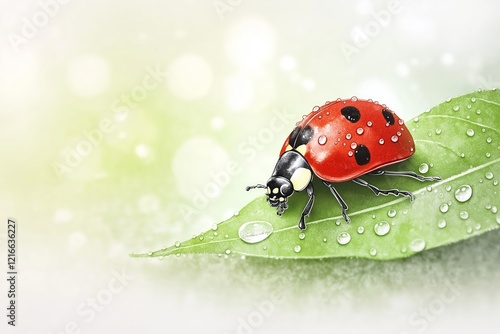 A delicate watercolor illustration of a red ladybug with black spots crawling on a fresh green leaf with sparkling dewdrops, set against a soft pastel background photo