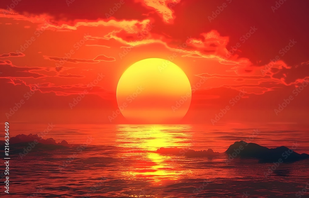 Golden Sun on Red Sky. Miracle of Nature.