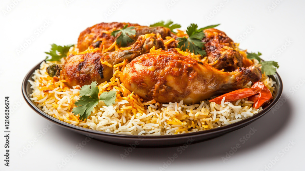 Plate of delicious chicken biryani served on a white background, with aromatic spices and vibrant colors Plate of delicious chicken biryani served on a white background, with aromatic spices and vibrant colors
