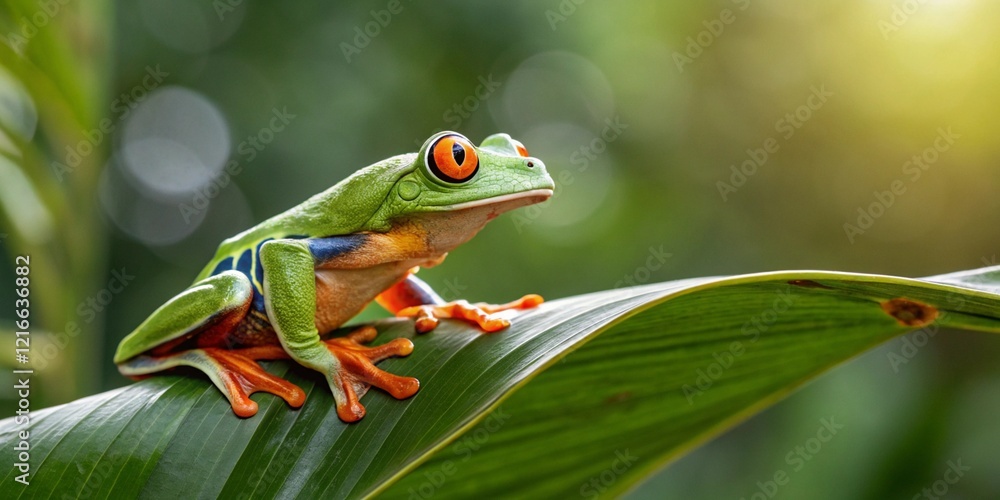Naklejka premium Close-Up of a Vibrant Javan Tree Frog Perched on a Leaf in a Tropical Rainforest