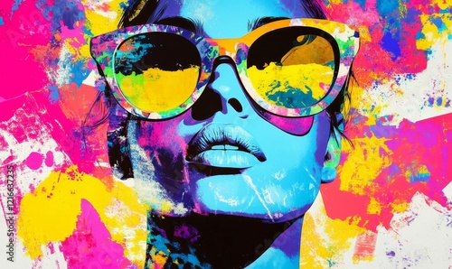 Bold Expression: Modern Pop Art Woman with Bright Sunglasses in Colourful Conceptual Collage Poster, Vibrant Fashion and Artistic Style, Youthful Female Portrait, Generative AI