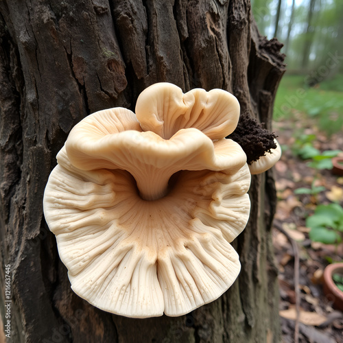 Split-gill mushroom Schizophyllum commune - saprophytic wood fungus on an old oak tree stump in a garden, Ukraine photo