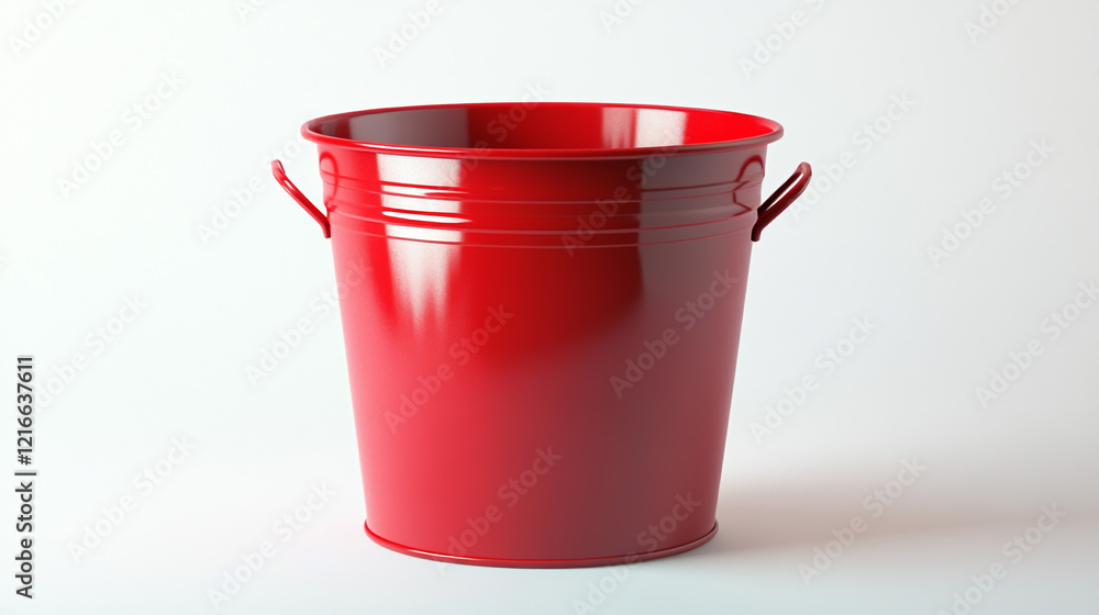 Red metal bucket on a white background, with a glossy finish and a smooth surface Red metal bucket on a white background, with a glossy finish and a smooth surface