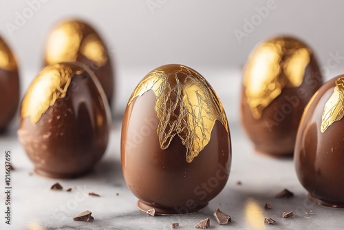 A close-up photo of elegant chocolate Easter eggs adorned with intricate golden foil accents, arranged on a marble surface with chocolate shards for a luxurious holiday treat photo