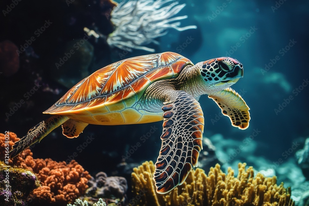 Fototapeta premium Vibrant sea turtle gliding through a coral reef with colorful marine life in clear blue water during a sunny day