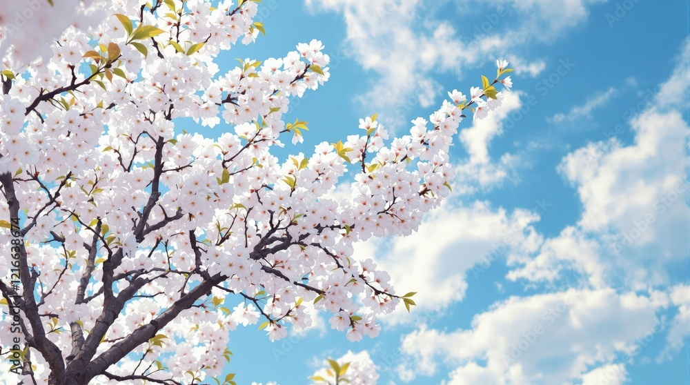 Bright white cherry blossoms on a sunny day with a deep blue sky backdrop, season change, beautiful garden, calming scene Bright white cherry blossoms on a sunny day with a deep blue sky backdrop, season change, beautiful garden, calming scene