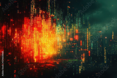 Matrix-like code descending over a broken screen with flickering digital noise and colorful glitch effects