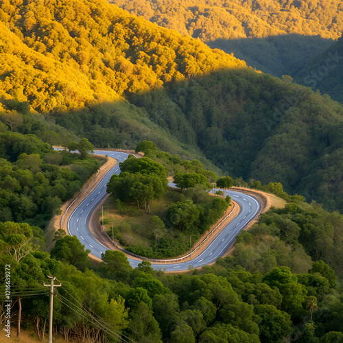 Winding road of the Gillies Highway through the mountains with trees in Far North Queensland, Australia photo