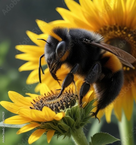 Buff tailed bumblebee on sunflower with nectar, sunflower, photo