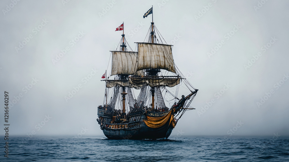 a majestic historic sailing ship with billowing sails and flags navigating the calm sea under a misty sky  
