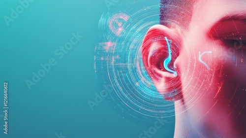 Futuristic interface analyzing sound waves entering a patient's ear, representing innovative hearing technology and advanced diagnostics in audiology research photo