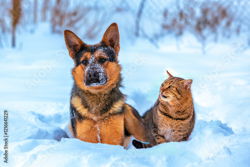 Photography A cat and a big dog are sitting outside in the snow in the yard in winter
