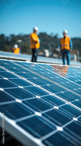 Wallpaper Mural Engineers analyze rooftop solar panels in closeup view Torontodigital.ca
