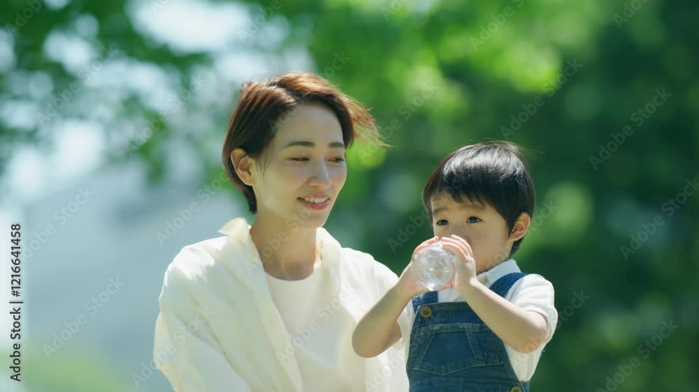 3歳の息子に水を飲ませる母親