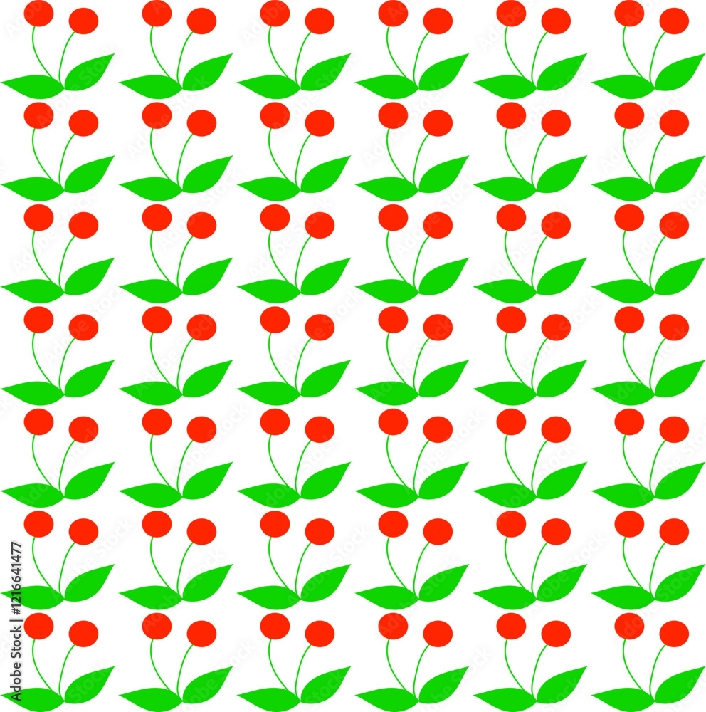 Seamless texture in the form of a pattern of red cherries and green leaves on a white background Seamless texture in the form of a pattern of red cherries and green leaves on a white background