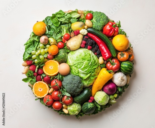 Colorful arrangement of fresh vegetables and fruits on a circular display in a bright setting photo