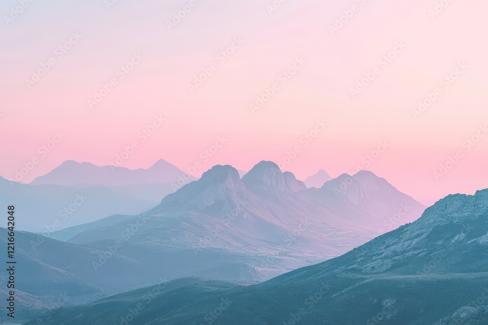 Obraz premium Minimalist mountain range bathed in pastel colors at dawn, with soft, muted tones creating a serene and calming landscape