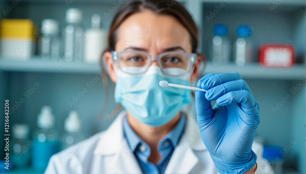 Female scientist holding swab in laboratory setting Female scientist holding swab in laboratory setting