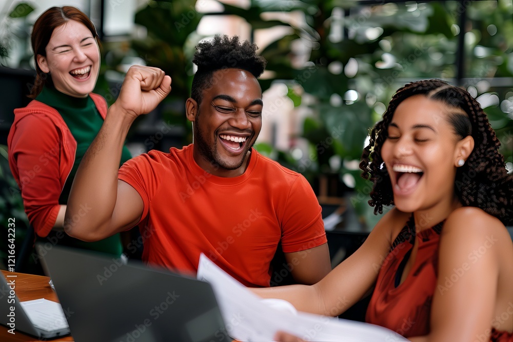 Obraz premium Three people are laughing and smiling at each other